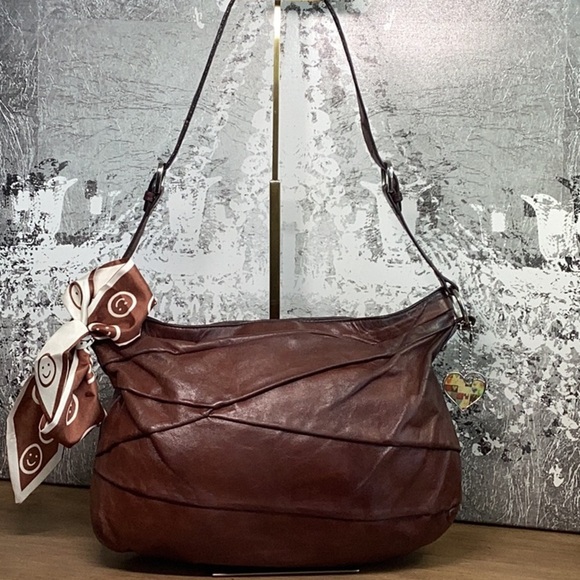 Hobo Brand Chic Brown Leather Hobo Bag with Scarf Accent, good used condition. - Picture 2 of 15